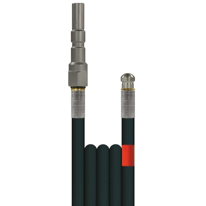 30m Rohrreinigungsleitung Polya, DN5, schwarz, Stecknippel KEW-Profi auf Düse 4x1,2, mit Frontbohrung, max. 20°C, max. 200bar