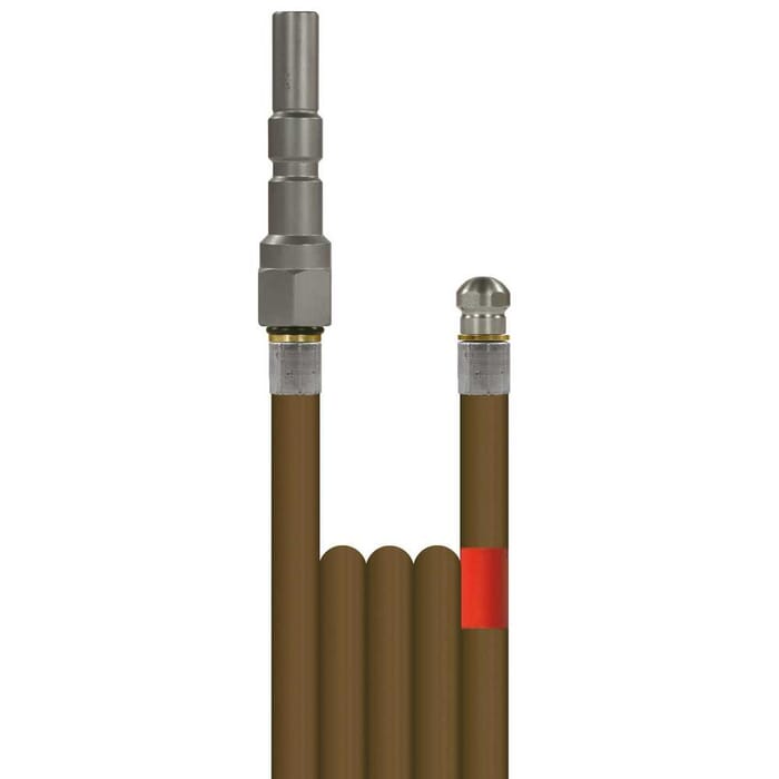 30m Rohrreinigungsleitung R+M 1, DN4, braun, Stecknippel KW-Profi auf Düse 4x1,2, mit Frontbohrung, max. 99°C, max. 300bar