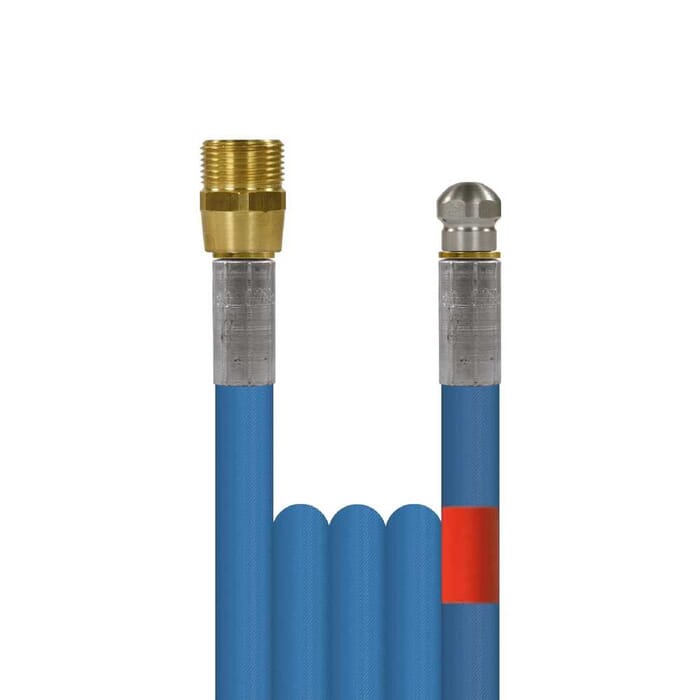 40m Rohrreinigungsleitung Flexy, DN6, schwarz, M22 Aussengewinde auf Düse 4x1,2, mit Frontbohrung, max. 100°C, max. 300bar