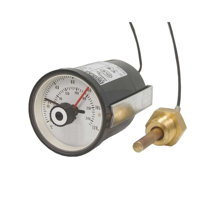 Fernthermometer Wika, Schaltbereich 0-80°C, Fühler mit 1/2“ AG, 5A - 250V, Kapillarrohr 1000mm